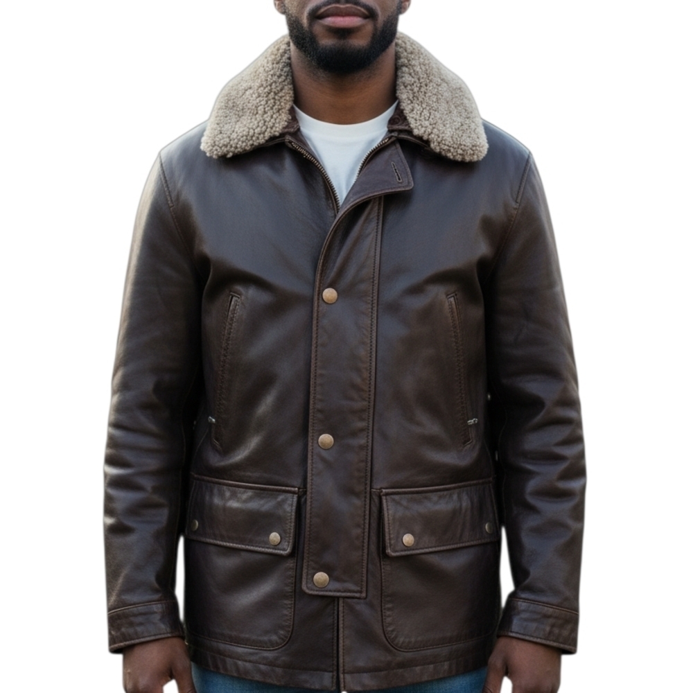 Banana Republic Brown Leather Rancher Zip Detachable Shearling Collar Jacket Med - Picture 2 of 15